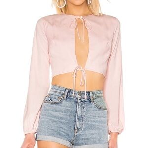 Superdown Cropped Open Tie Front Long Sleeve Top Light Pink size Medium